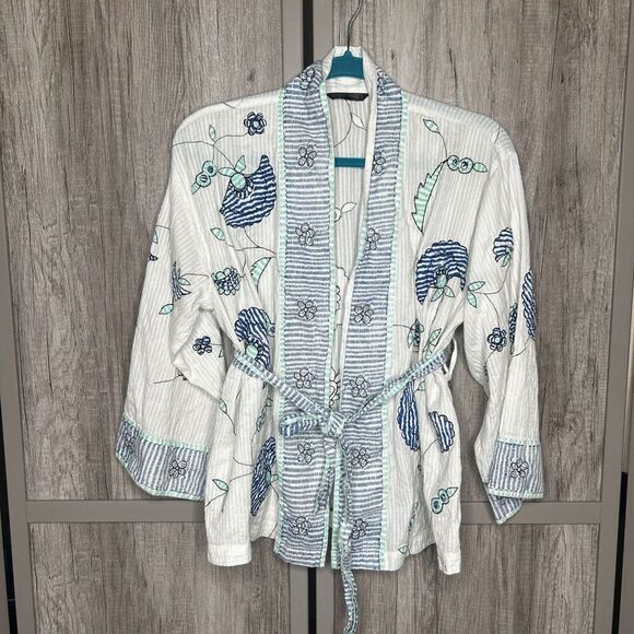 Soma Cotton Embroidered Kimono Short White and Blue Size M - Picture 1 of 6